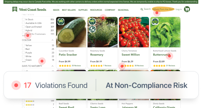 Website with red dots showing accessibility violations